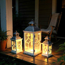 Antique Style White Wood & Glass Garden Set of 3 Tall Lantern Indoor Outdoor