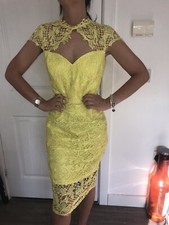 Lipsy VIP Bright Yellow Lace Bodycon Midi Dress 10 Party Occasion Wedding