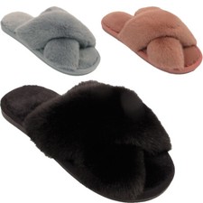 Girls Fluffy Furry Cross Over Open Toe Warm Winter Mules Slippers Kids Sliders