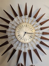 Mid-Century Paico Sunburst/Starburst Wall Clock Brass & Teak 1960-70s Retro 