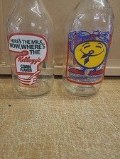 X2 Vintage Glass Milk Bottles Kelloggs & Eggs ,Advertising 1 Pint Bottles VGC