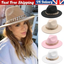 Women's Ladies Wide Brim Fedora Hats with Gold Chain Felt Panama Hat Jazz Caps