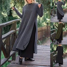 Plus Size Women Fleece Maxi Dress Round Neck Baggy Kaftan Casual Long Dresses UK
