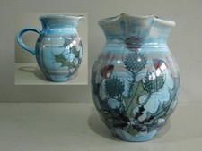 TAIN POTTERY Glenaldie water jug Scottish thistle on blue red tartan, vase