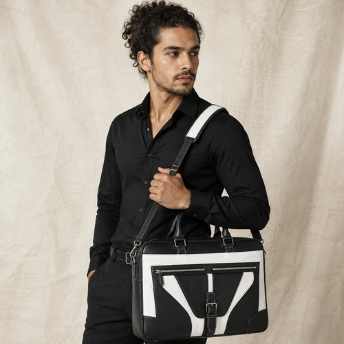 Black white leather briefcase - white,
