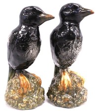 2 x Antique BRETBY Pottery Art Sitting Black Birds No.2172 19cm - BE1