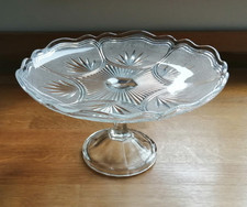 Vintage Pressed Glass Pedestal Cake Stand, Round, Clear, Wavy Edge 25cm diameter