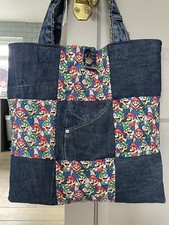 Handmade Denim Patchwork Large Tote Bag  .Handbag Upcycled Jeans Mario & Luigi