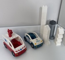 Duplo Lego Police Car & Ambulance & Assortment Of White Grey Bricks 2003 & 2006