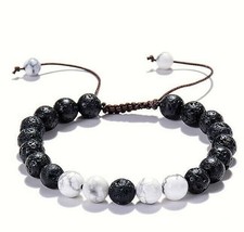 Adjustable Anxiety Diffusing Lava Stone Bracelet W/White Stones