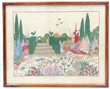 Old Vintage Framed NEEDLEWORK PICTURE Classical TOPIARY GARDEN Early Mid Century