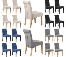 4 x Velvet Dining Chairs Button detail Scroll top Beige Grey Blue Back wood legs