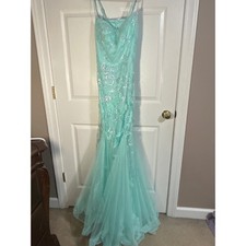 Faeriesty Women's Aqua Blue Sequin Embellished Open Back Mermaid Formal Gown