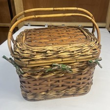 Vintage Wicker Woven Picnic Basket Bamboo Handles Fully Tartan Lined Rustic 