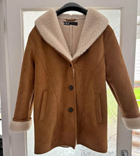  Zara Faux Suede Sheepskin Shearling Retro Vintage Style Coat Jacket size 10
