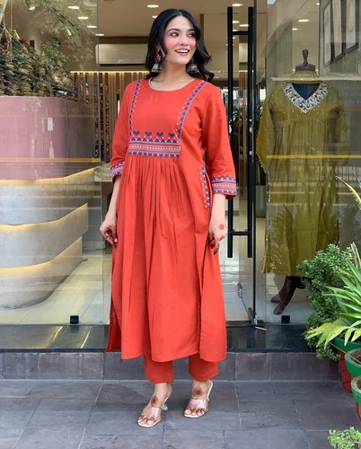 Rust orange embroidered line - orange, a-line