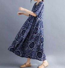 Ladies Casual dress Summer  Relaxed  Blue Ethnic Loose Indi Floaty  Pockets  16