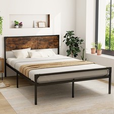 Industrial Queen Size Bed Frame Metal Platform Bed Mattress Foundation Brown