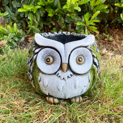 Cement owl planter white faced - white,