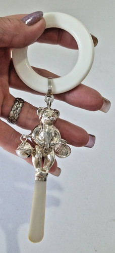 Silver baby rattle - baby, teddy