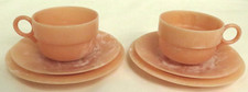 Pair of 1920s Bandalasta Striated Plastic Playtime Cups, Saucers & Side Plates