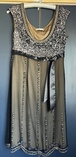 Vintage Gina Bacconi Black & Gold Empire Line Chiffon Beaded Sless Dress UK 12