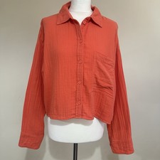 ME+EM Top UK 12 Orange Collar Long Sleeve Cheesecloth Crop Cotton Shirt Blouse