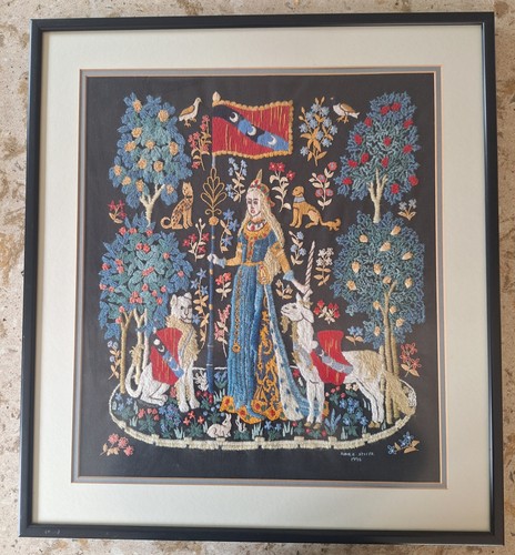 Framed crewel embroidery - framed,