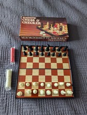 Vintage Magnetic Chess & Checkers Set Folding Case Red Cream Board Complete