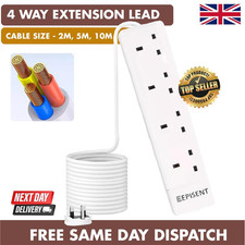 4 Gang Way UK Mains Plug Power Extension Lead Cable Electricity Cord  2  5 10 M