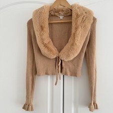 Miss Selfridges camel faux fur trim cardigan size 10