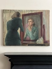 Large Vintage Oil Painting Woman In The Mirror