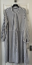 MARKS AND SPENCER 14(16) GREY WHITE STRIPE LIGHTWEIGHT DRAWSTRING DIP HEM DRESS