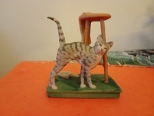 Handmade In Scotland by Border Fine Arts. Cat and Stool At Feeding Time Figurine