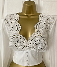 Zara Part Broderie Anglais Cotton White 3/4 Sleeve Crop Top Blouse Size Large