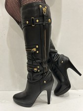 Stunning River Island Black Leather Knee High Boots With Gold Zips UK5 EU38 VGC