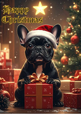 BLACK FRENCH BULLDOG CHRISTMAS CARD LARGE CARD WITH DOG WITH XMAS HAT & PRESENT