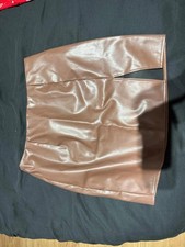 Size 12 Brown Tan Faux Leather Short Skirt Pockets A-Line Autumn DB116