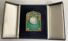 Kitney & Co Miniature Green enameled Clock Gold Gilt boxed working
