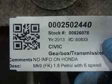 CIVIC GEARBOX  2013 1.8L Petrol 6 [mvr:speed] Manual  1.8 6 SPEED MANUAL (*) HON