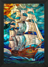 Stained Glass Pirate Ship Framed Wall Art Poster Canvas Print Picture
