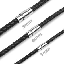 BLACK BRAIDED PU LEATHER  CORD NECKLACE STAINLESS STEEL TWISTED MAGNETIC CLASP