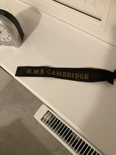 VINTAGE ORIGINAL  HMS CAMBRIDGE UNIFORM CAP NAME TALLY ROYAL NAVY NAVAL GUNNERY