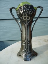 Art Nouveau Vase WMF Stamped 2Handled Foliate Motif Antique & Green Glass Liner