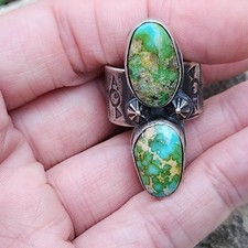 Navajo Boyd Ashley Sonoran Gold Turquoise Wide band Thunderbird Ring Sterling 8