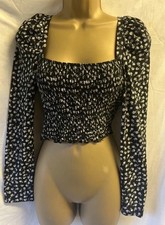 Black & White Floral Ditsy Milkmaid Sz 10 Petite Shirred Gypsy L/S Wench Y2K Top