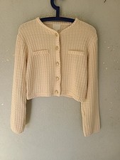 H&M PRETTY CROPPED BIG BRASS BUTTONS CREAM COTTON KNITTED CARDIGAN SIZE M 12