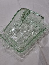 Vintage green pressed glass floral pattern cheese dish