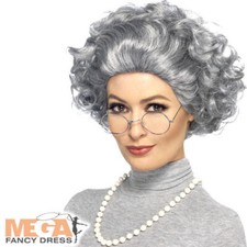 Granny Wig Glasses Necklace Set Old Lady Fancy Dress Adults Womens Costume Kit