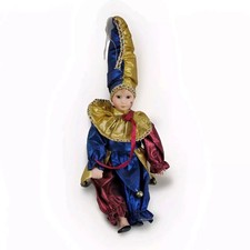11″ Jester Clown Doll Porcelain Head/Hands Blue-Gold Costume Harlequin